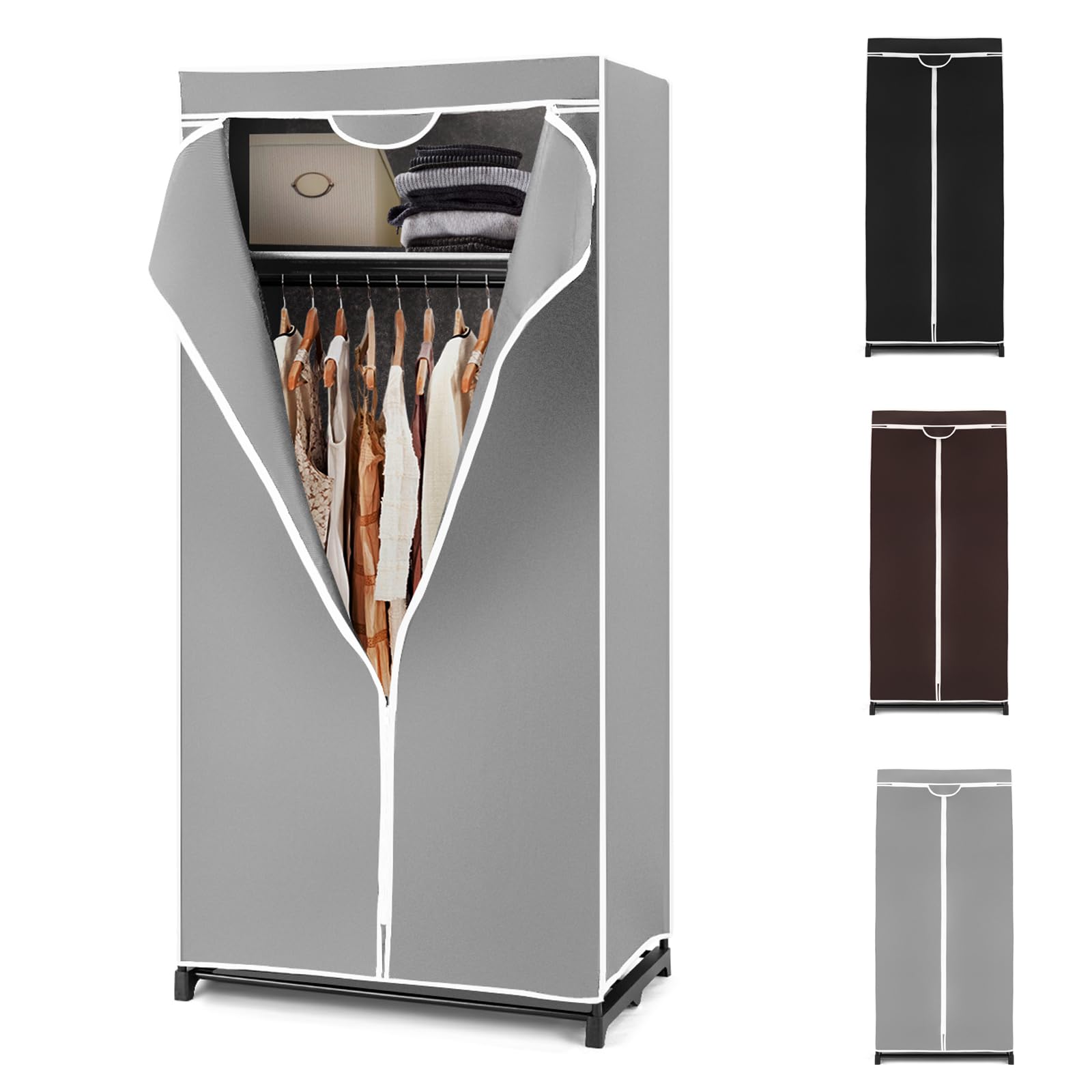 Armoire en Tissu Pliable et Peu encombrante avec Housse Anti-poussière, Armoire de Chambre verrouillable avec Fermeture éclair pour Chambre, Salon, 74 x 50 x 172 cm (Gris)