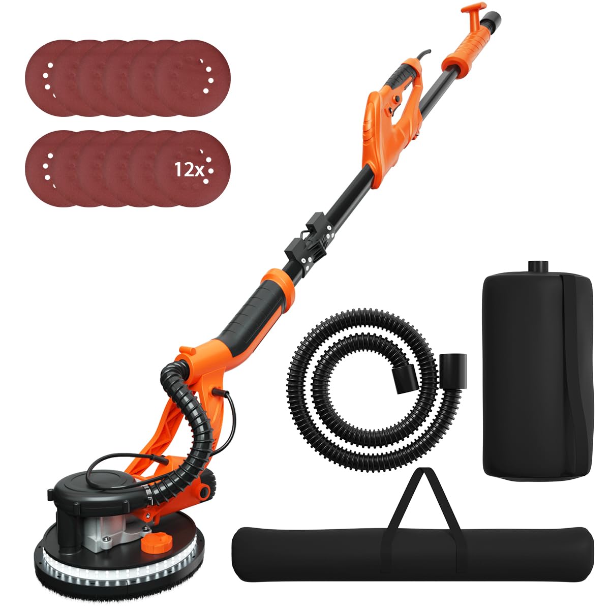 SOARS - Lijadora de jirafa 750 W, Ø250 mm, 6 velocidades, 800-1750 rpm, mango telescópico, luz LED, bolsa para polvo, 12 hojas abrasivas, jirafa lijadora para pared y techo