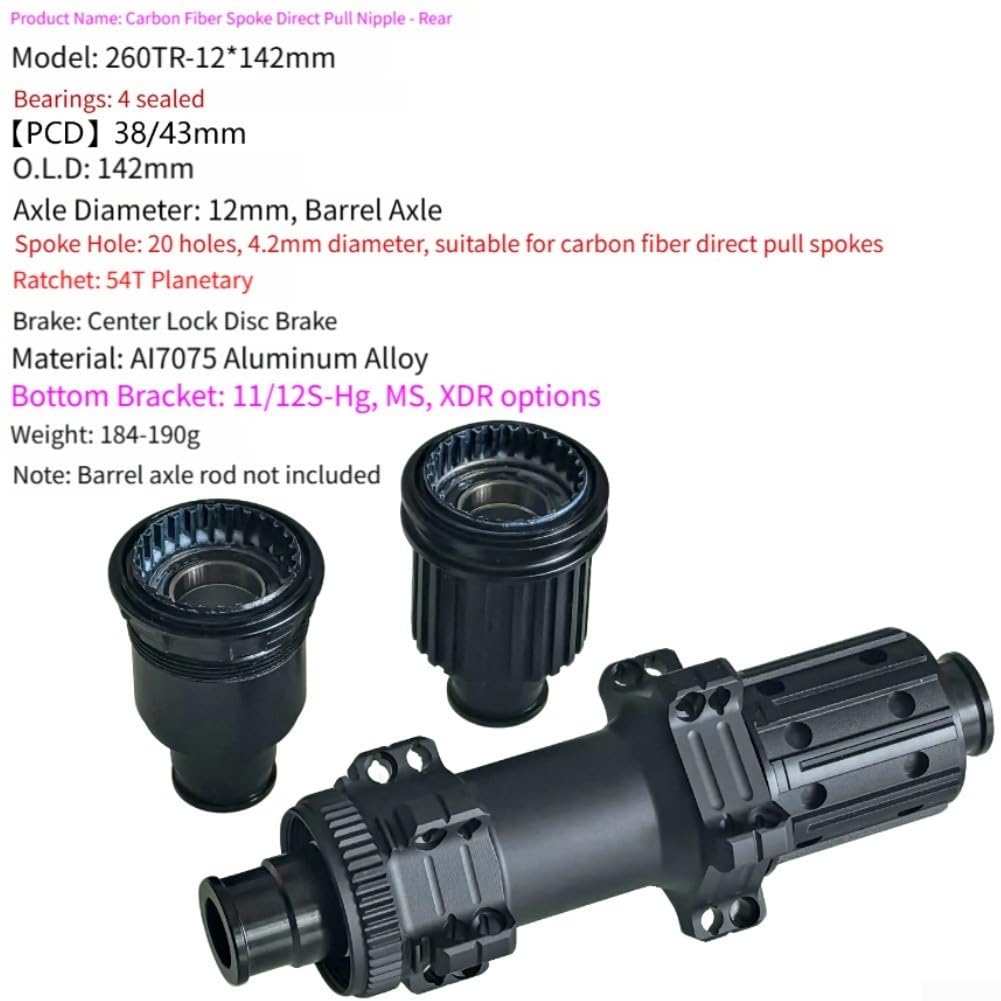 Honseadek Hub freno a disco con blocco centrale 24H 54T sistema a cricchetto, lega AL7075 per raggi dritti, mozzo posteriore 12 x 142 mm per bici da strada compatibile con dt (260TR-Ms)