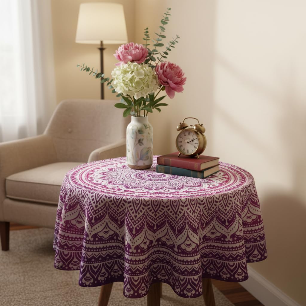 Cotton Mandala Center Table Cover, Round Tablecloth, Premium Design, 45 Inches (Red & Purple)-image-23