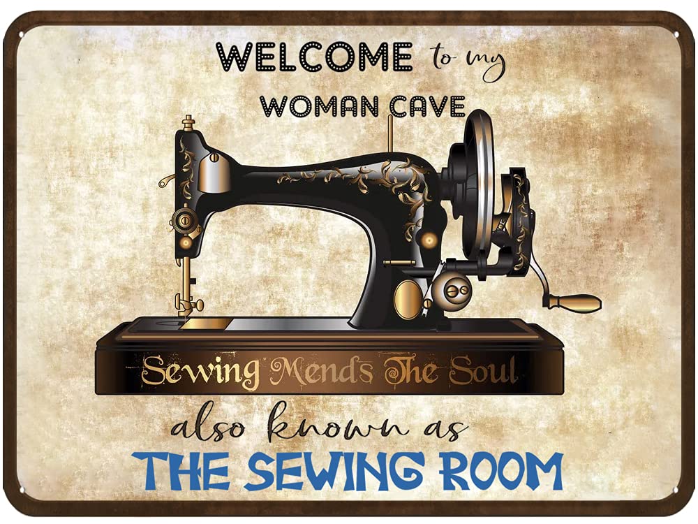 DAIERCY Welcome to My Woman Cave Also Known As The Sewing Room Fun Tin Sign Home Decor Craft Room Wall Art Sewing Quote Sign for Women's Cave Home Living Room 5.5x8 Inch