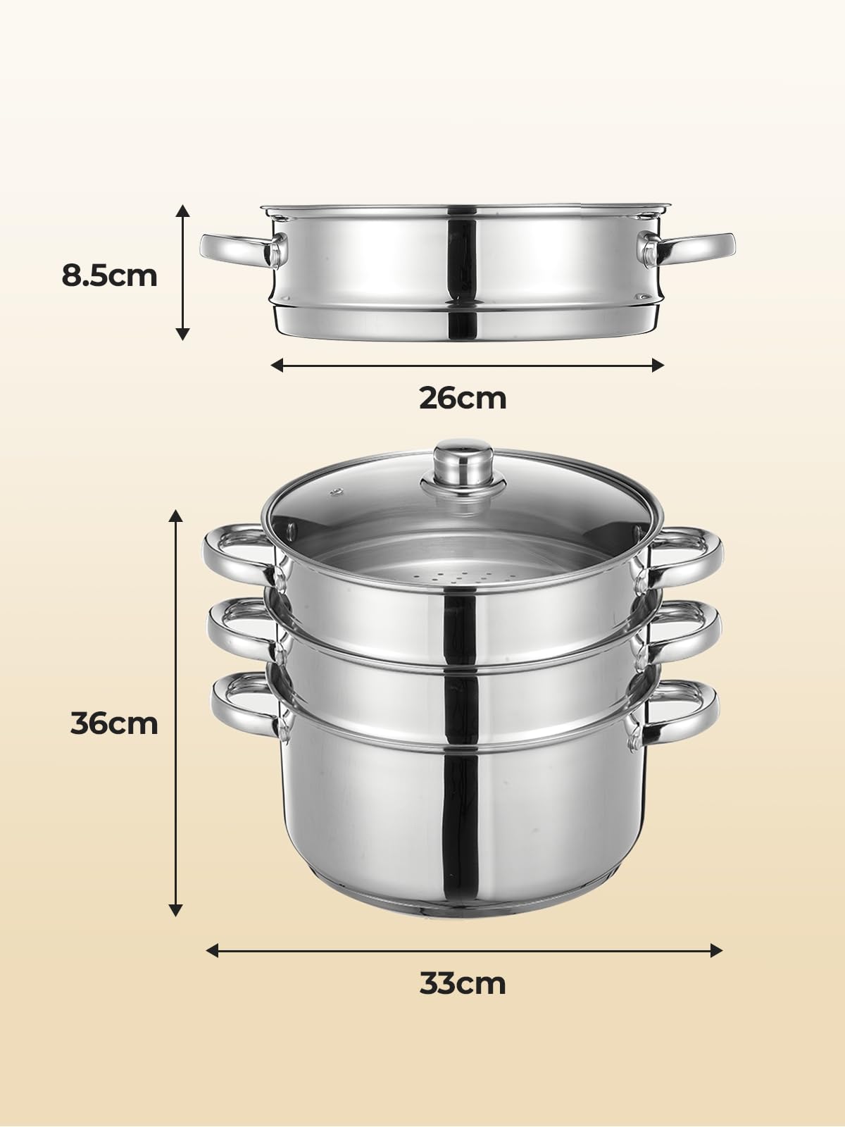 Pentola a Vapore in Acciaio Inox, Cuocivapore, Pentola (3 in 1), Diametro 26 cm, con Coperchio in Vetro, Cuocivapore per Tutti i Tipi di Fornelli, Anche a Induzione, Argento