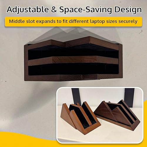 Vista 4 de Soporte vertical doble para laptop, 2 ranuras de madera, marrón oscuro (color nogal) - Soporte vertical para escritorio, MacBook Pro y Air, Marrón