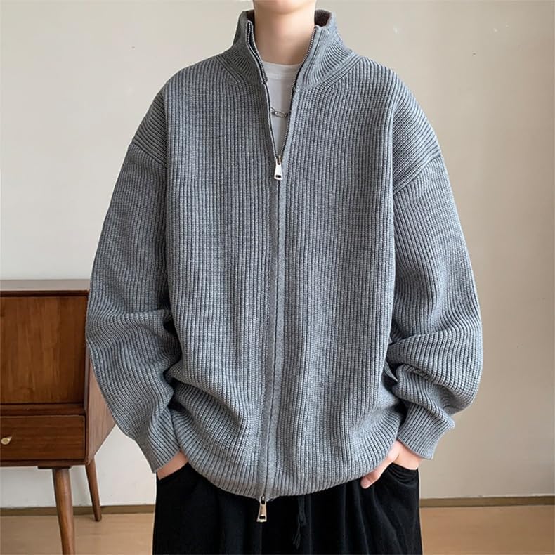 Mens Stand Collar Zip Up Cardigan Knit Sweater Classic Warm Solid Color Loose Hem Long Sleeve Sweaters