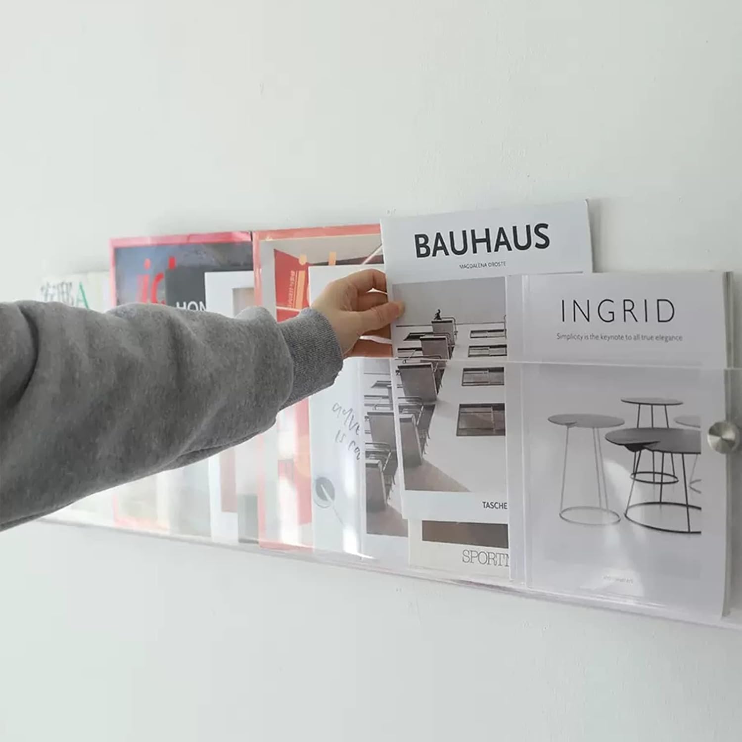 Revistero acrílico de pared transparente y flotante para folletos de oficina