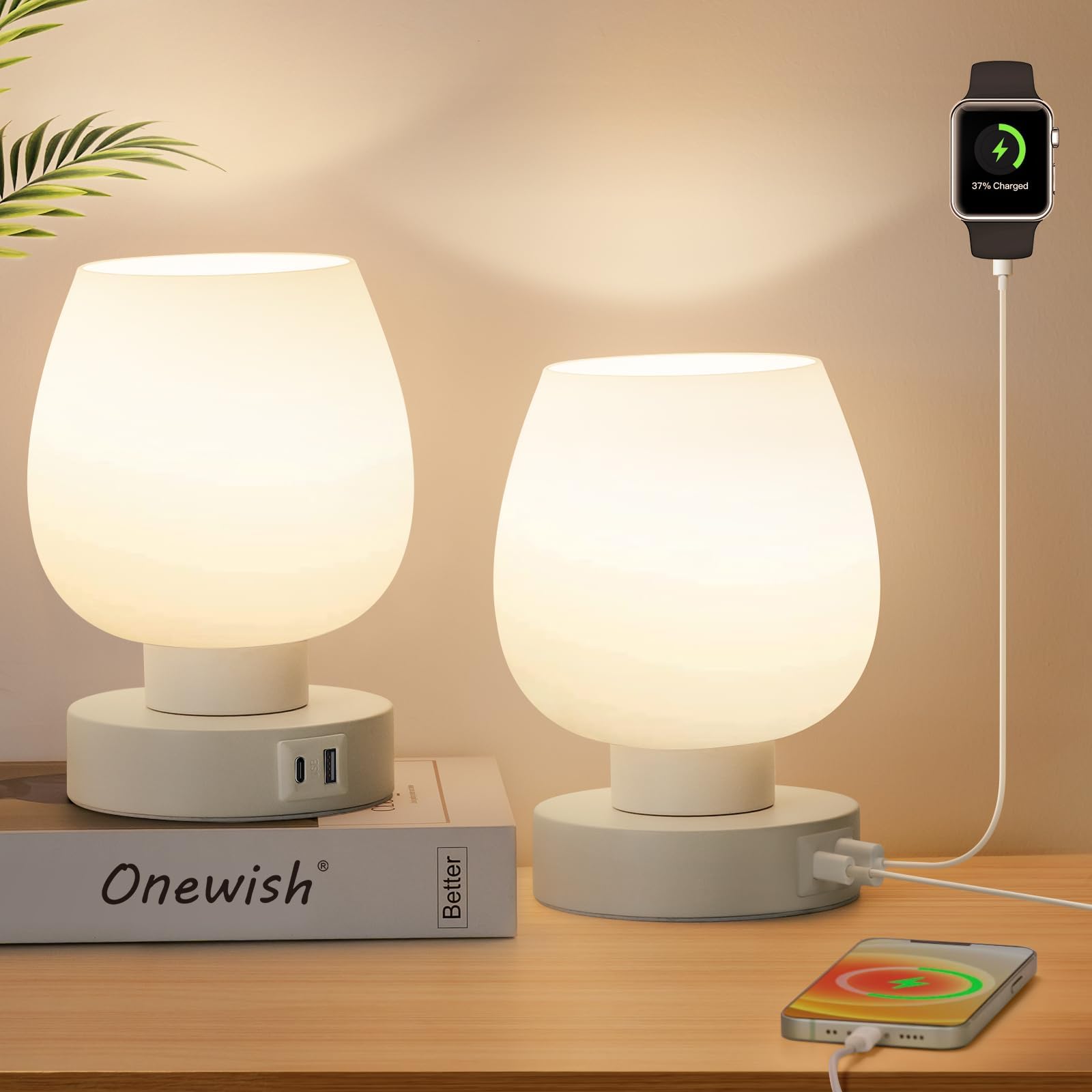 Touch Bedside Table Lamp Set of 2 - Small Modern Nightstand Lamp for Bedroom with USB C + A Charging Ports, 3-Way Dimable Desk Lamp with White Opal Glass Lamp Shade, 3000K LED Bulb, Simple Design