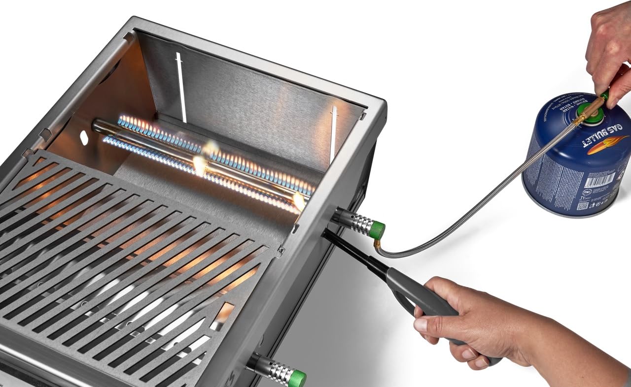 Griglia da Campeggio 2 Bruciatori BURNHARD® 6,4 kW, Sistema FitnFire™, Acciaio Inox, 500°C, Compatta, Leggera, con Multitool, Borsa da Trasporto – JONES Griglia Pieghevole