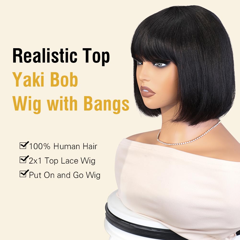 Bob Human Hair Wig With Bangs For Women Hd Top Lace Glueless Short Straight Bob Wigs 2x1 Lace Scalp Machine Made Wig (33A, 10 inches) - Image 4