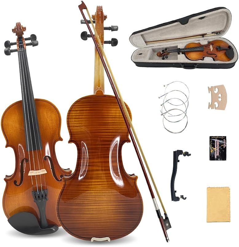 4/4 Violin for Beginners & Adults, Full Size Solid Wood Acoustic Violin with Flamed Back, Case, Bow,Shoulder Rest & Accessories Glossy Finish