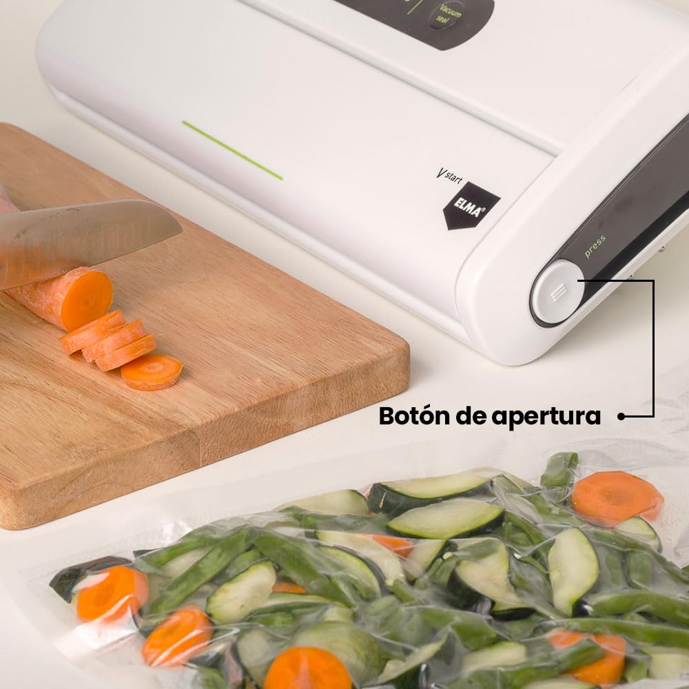 ELMA Envasadora al Vacío Doméstica V Start, Máquina al Vacío de Alimentos | Tamaño Compacto, Envasadora Automática con Barra de Sellado de 30cm | Blanco, 34 x 15 x 7cm, 175W | Incluye Bolsas al Vacío