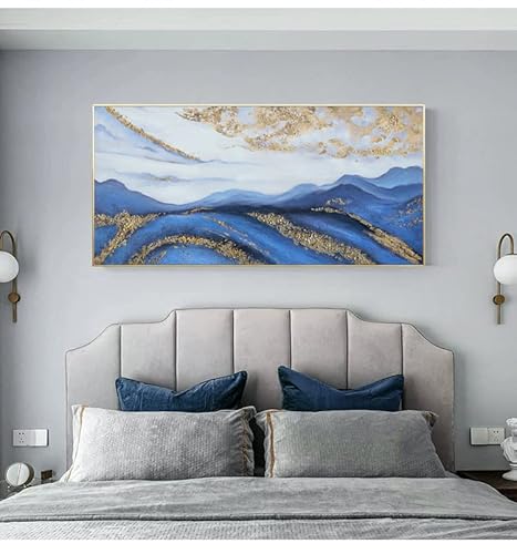 Blue Abstract Canvas Wall Art For Living Room With Gold Foil Framed Mountain Landscape Painting For Bedroom Home Wall Bedroom Decoration 24X48 Inches #TOP5