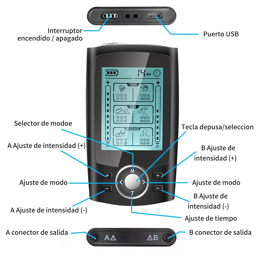 TENS/EMS Digital Electroestimulador Muscular, 36 modos 3 en 1, TENS EMS y Función de Masaje con 10 electrodos para aliviar el Dolor de Espalda, Hombros, Piernas y Cuello