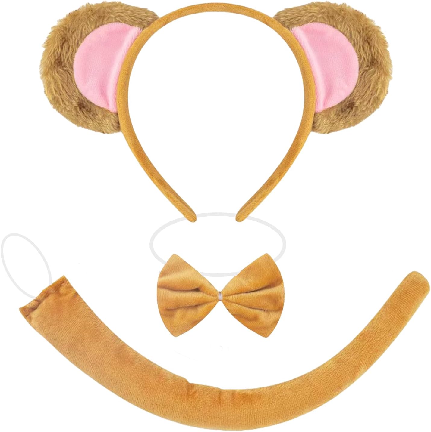 3-Piece Monkey Ears and Tail Costume Accessory Set – Includes Brown Plush Monkey Ears Headband, Bow Tie, and Tail for Halloween, Jungle-Themed Parties, Cosplay, School Plays, Animal Dress-Up Events