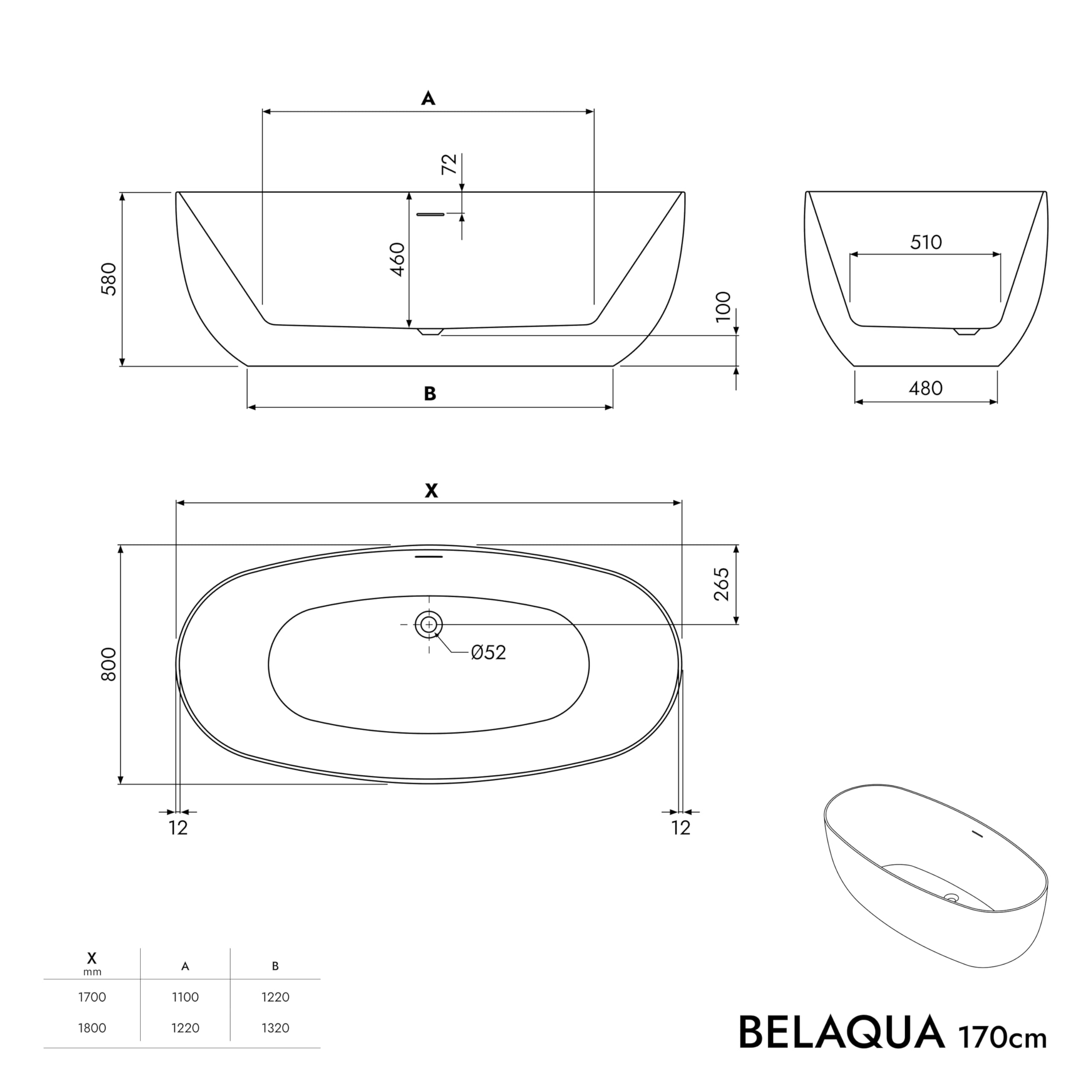 BERNSTEIN - Baignoire îlot ovale design Blanc brillant Acrylique + Bonde et trop plein, 270L - 170x80x58cm (lxLxH) - BELAQUA