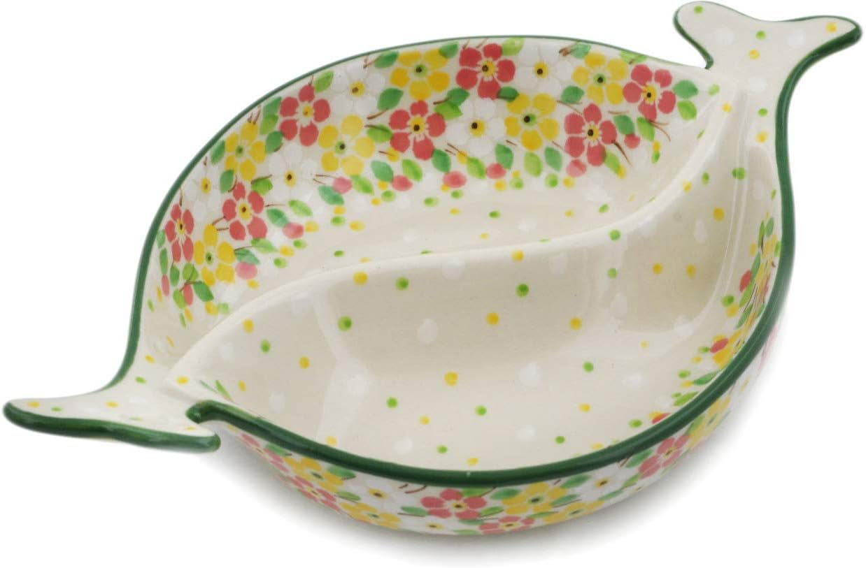 Polmedia Polish Pottery Divided Dish UNIKAT - Blossom Sprinkle Pattern Handmade in Boleslawiec Poland by Ceramika Artystyczna + Certificate of Authenticity