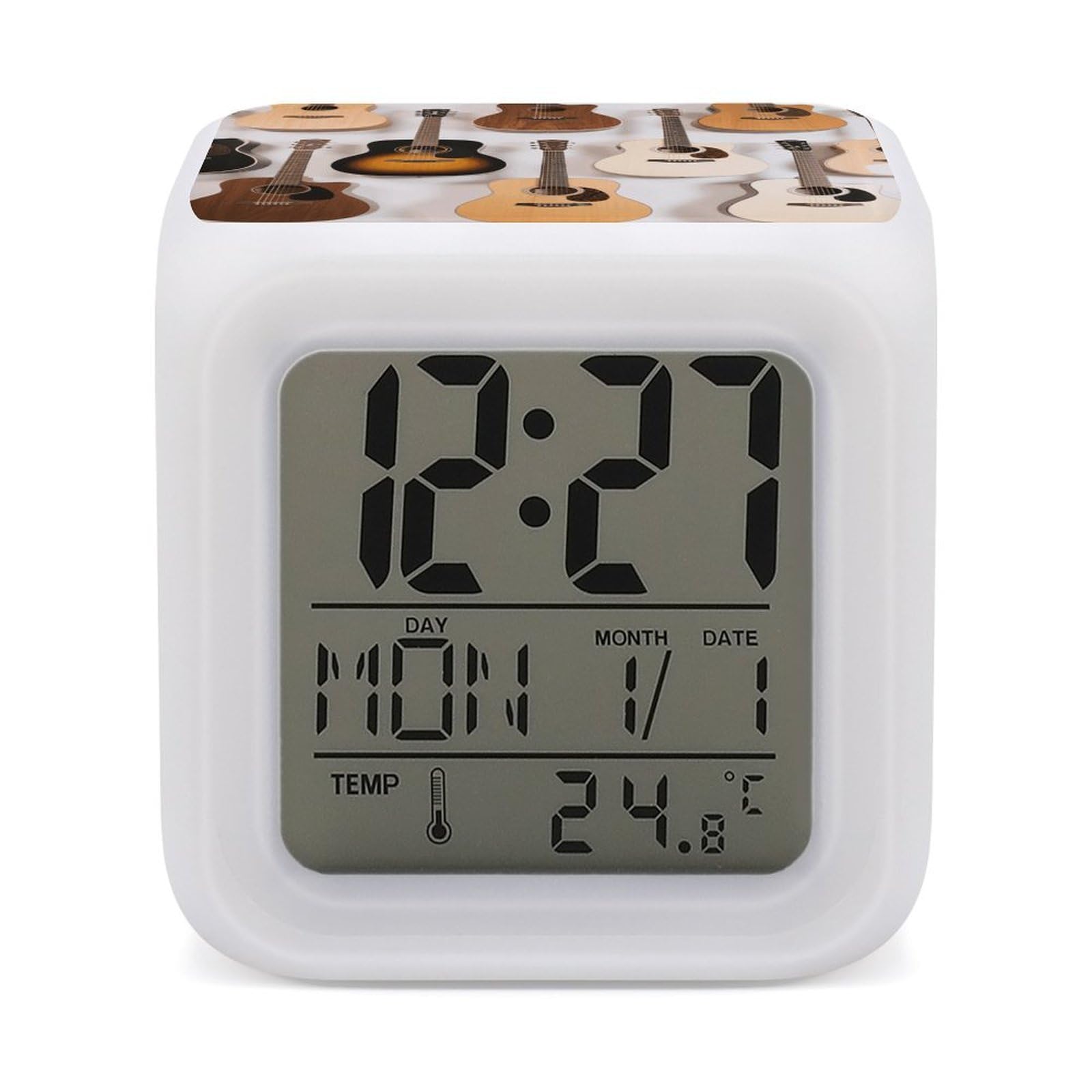 FodPand 7 Color Ambient Night Light Cube Battery Operated Guitars Digital Clock with Snooze Temperature LED Digital Alarm Clocks Dimmable Wake Up Light Portable Mood Lamp for Bedroom Desk Gift