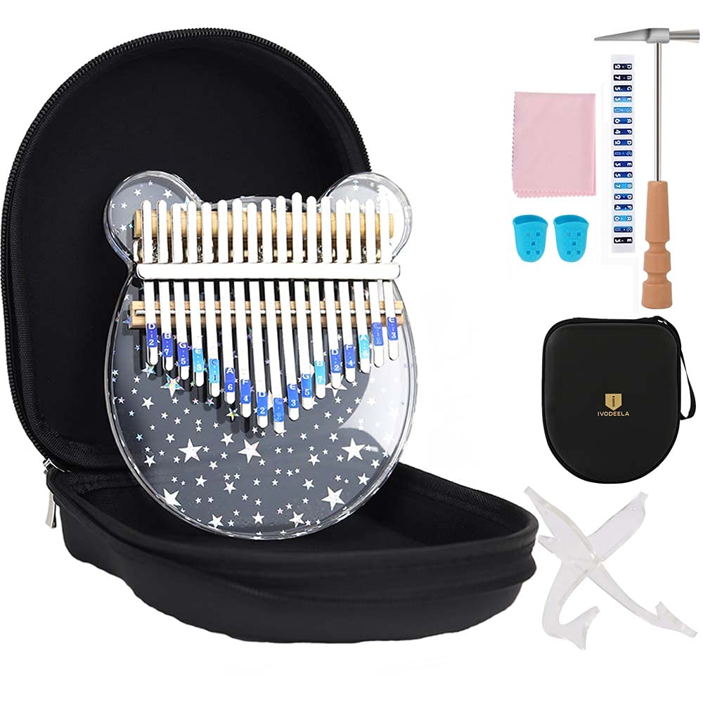 Kalimba 17 Tasten Daumenklavier, transparentes Marimba Acryl-Fingerklavier mit EVA-Tragetasche Stimmhammer Bedienungsanleitung und ständer,Musikalische Kalimba für Kinder Erwachsene Anfänger