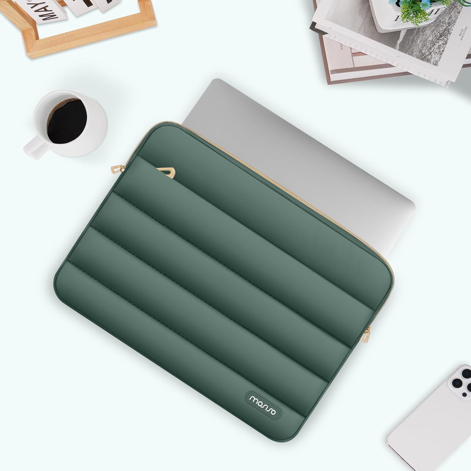 MOSISO Laptop Case 16 inch, 15-15.6 inch Puffy Laptop Sleeve Compatible with MacBook Pro 16 M5 M4 M3 M2 M1, HP Dell ASUS Acer Toshiba Lenovo, Polyester Horizontal Bag with Small Case, Emerald Green