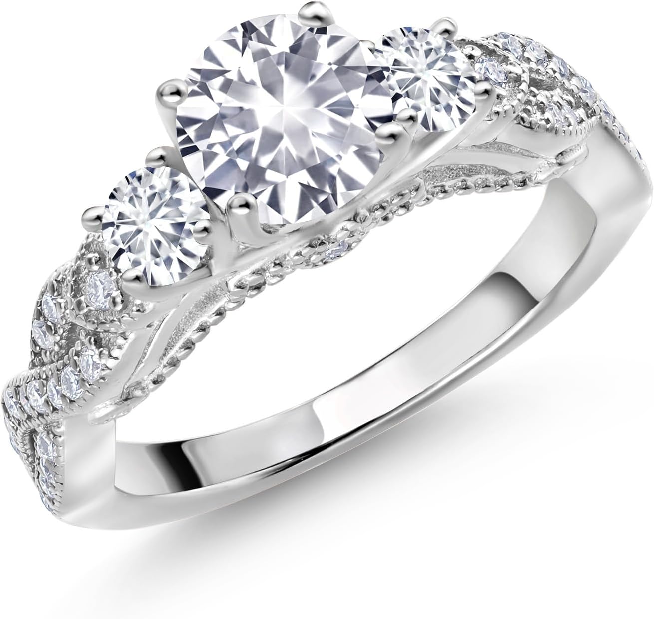 Gem Stone King 1.47 Cttw Created Sapphire Lab Grown Diamond and Moissanite Engagement Ring For Women | 925 Sterling Silver | Gemstone Birthstone | Round 6MM and 3MM | Size 5, 6, 7, 8, 9