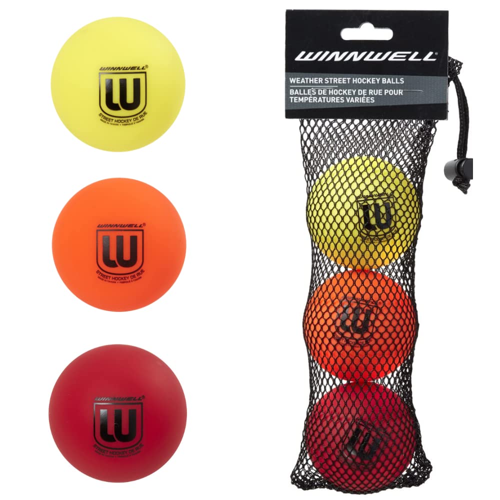 Winnwell Street Hockey Ball (Weather) - 3- Pack, 65mm w/Mesh Bag, Comes in Soft, Medium and Hard Density with Low Bounce for Street, Road, Basement, Driveway Hockey