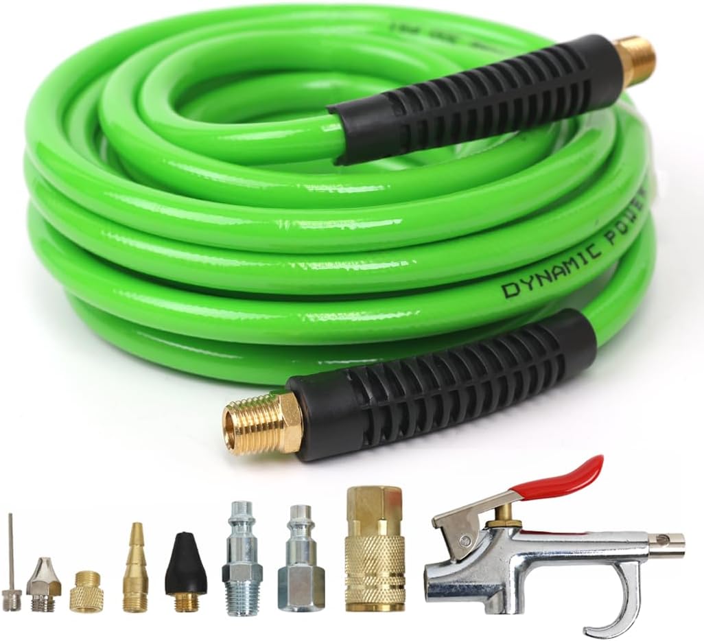 DYNAMIC POWER Polyurethane (PU) Braided Air Hose 1/4" X 25 Ft plus 10 pcs Air Compressor Accessories KIT, 200 PSI.