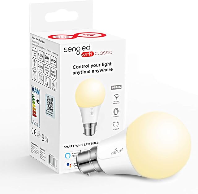 Sengled Wi-Fi Smart LED Light Bulb Works with Alexa and Google Assistant, No Hub Required (2.4GHz WiFi to Router), App Remote Control with Dimmable Soft White Light, B22 [Energy Class A+]