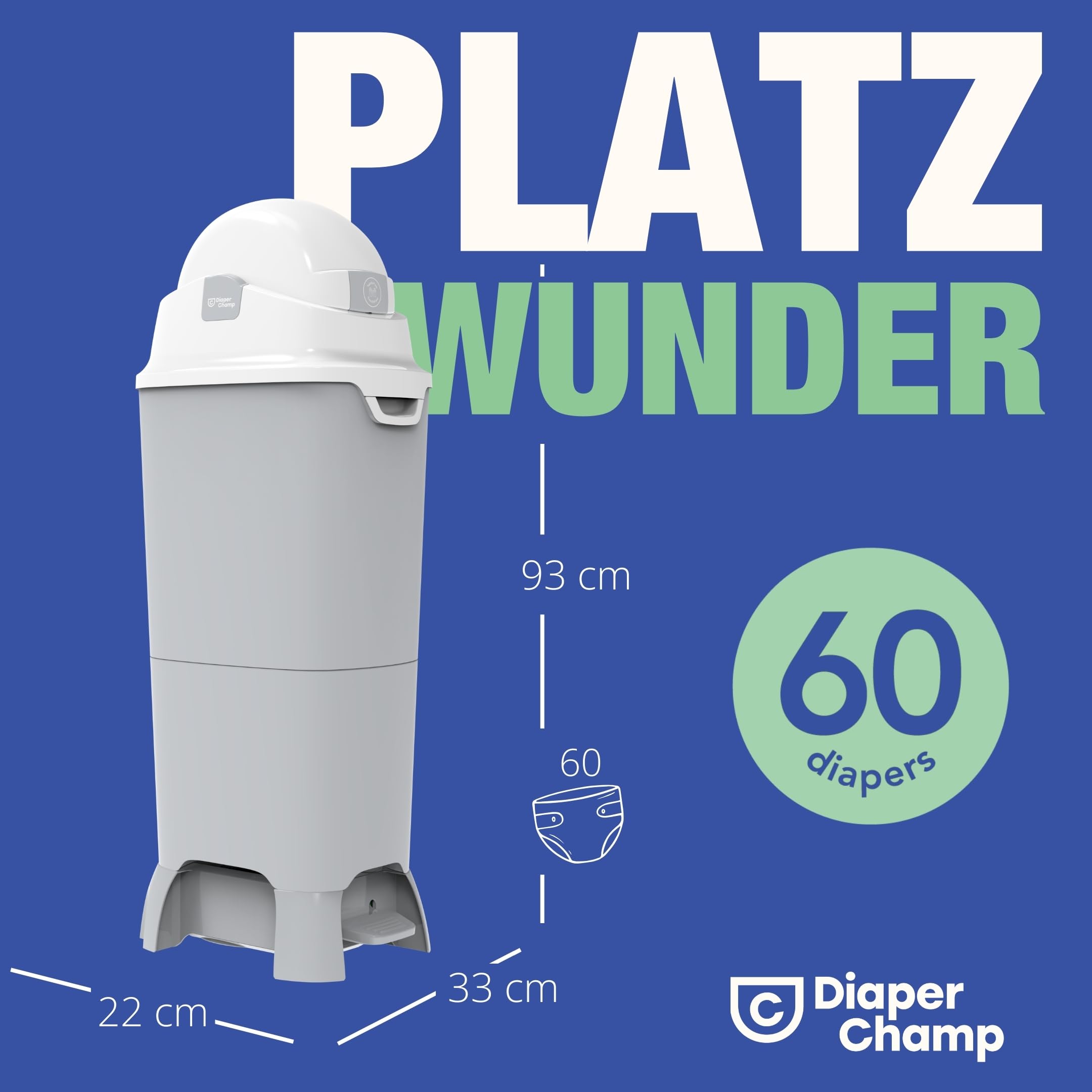 DIAPER CHAMP ONE Maxi Handsfree mit Pedal - Windeleimer - geruchsdicht - berührungslose Bedienung - OHNE Nachfüllkassetten - für normale Müllbeutel - für ca. 60 Windeln - silber, weiß