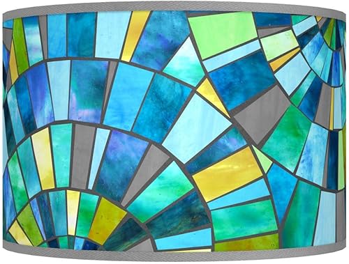 Pantalla de lámpara con estampado de tambor Giclée, mosaico Lagos, azul y verde, pequeña parte superior de 12 pulgadas x 12 pulgadas inferior x 8.5