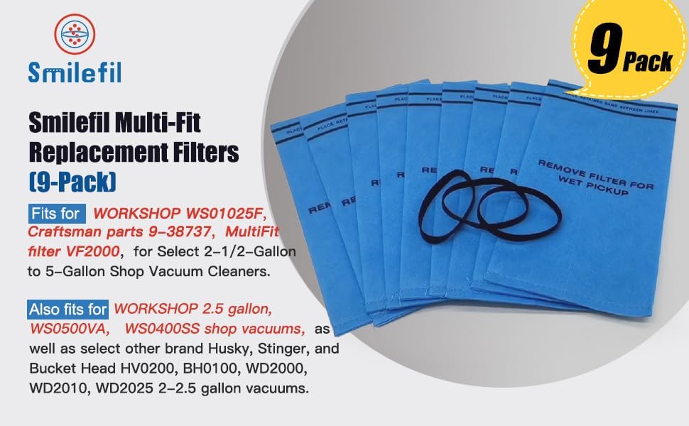 Miniatura 3 de Smilefil - Paquete de 9 bolsas de filtro de vacío en seco y húmedo compatibles con Stinger de 2.5 a 5 galones WS0255VA, WORKSHOP WS01025F, Craftsman