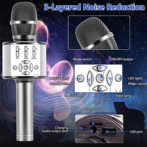 Image of Amazmic Kids Karaoke Microphone Machine Toy Bluetooth Microphone Portable Wireless Karaoke Machine Handheld with LED Lights, Gift for Children Adults Birthday Party, Home KTV(Gray)