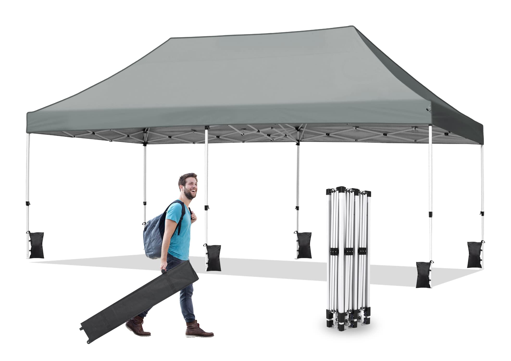 10x20 Pop Up Canopy Tent, Durable Ez Up Outdoor Canopy Instant Shade, Adjustable Waterproof Commercial Tent with Roller Bag, 8 Stakes, 6 Sand Bags and 4 Ropes