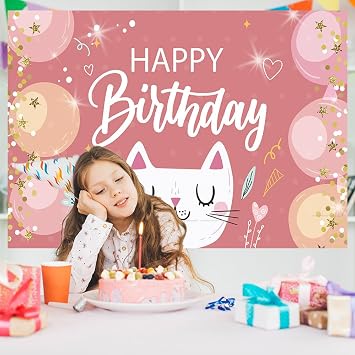 Cartoon Happy Cat Birthday Banner 5x3Ft