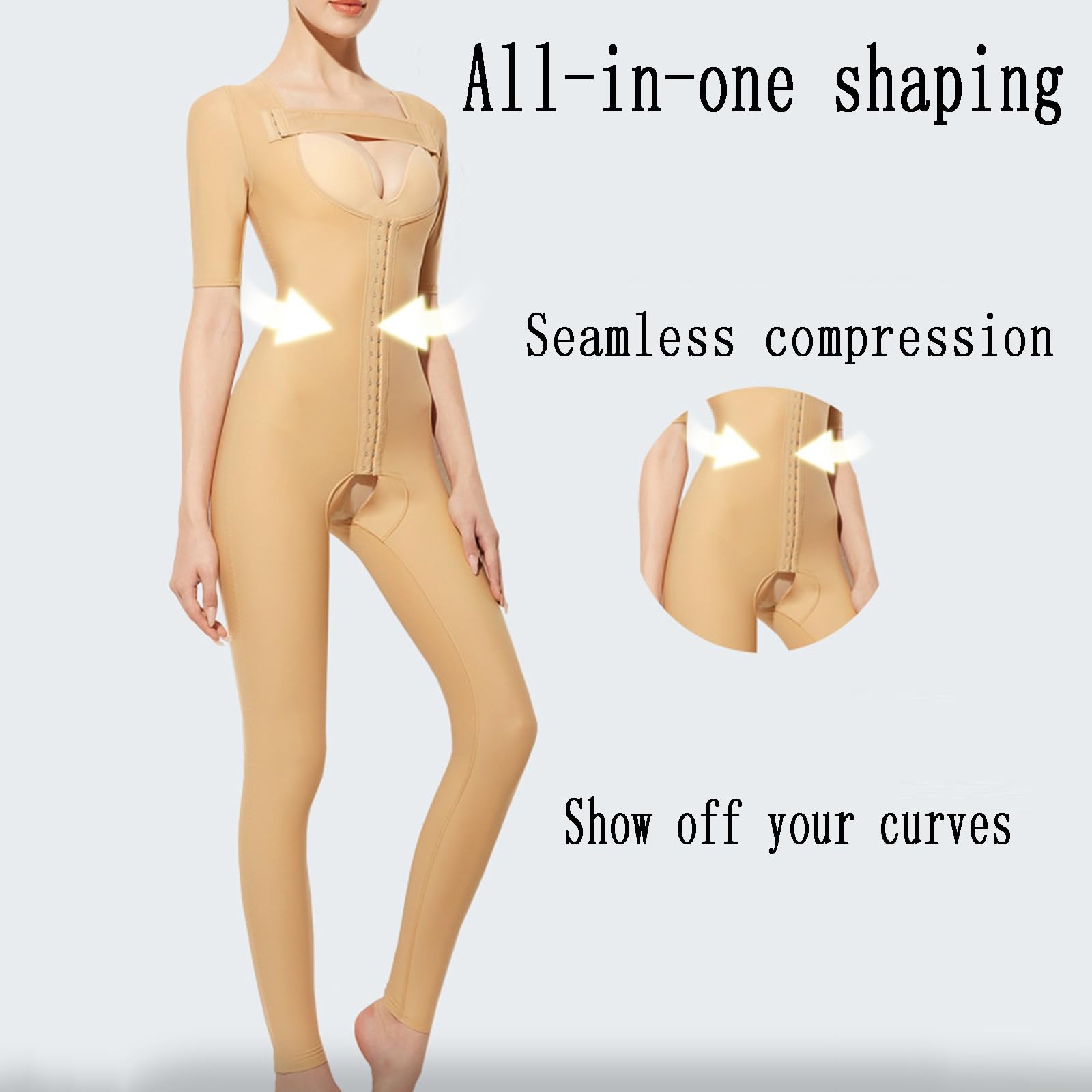 Faja Moldeadora, Compresión Sin Costuras, Control del Abdomen y Modelado De La Cintura | Mangas cortas，Diseño con abertura en la entrepierna，Costuras moldeadoras que realzan las caderas