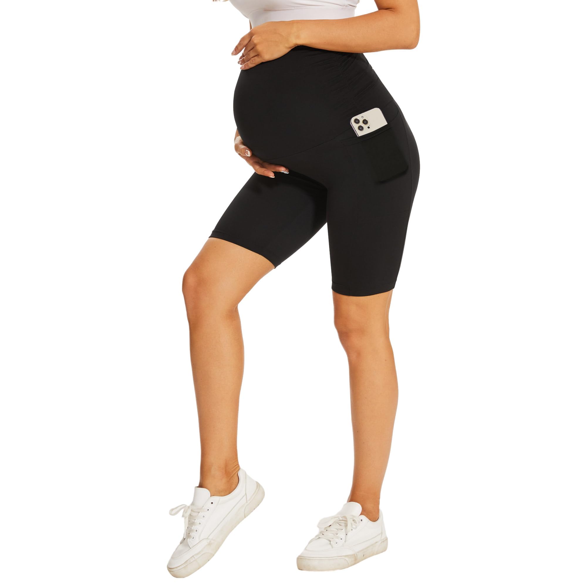 DDOBB Damen Umstandsleggings mit Taschen High Waist Umstandshose Blickdichte Schwangerschaftsleggings Weich Elastisch Umstandsmode Zuhause Yoga Sport