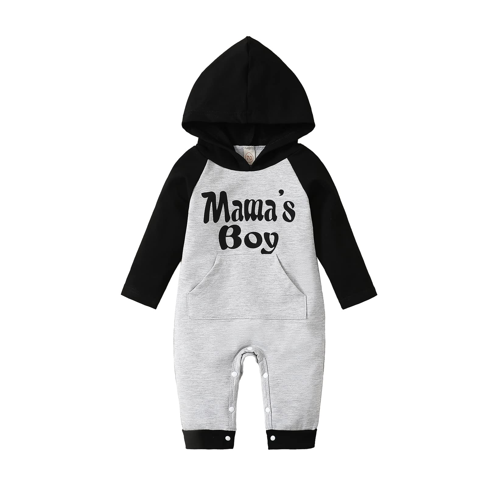 ROSEBEARNewborn Baby Boy Clothes Long Sleeve Color Block Hooded Romper Jumpsuit Mama's Boy Letter Print Spring Infant Outfit
