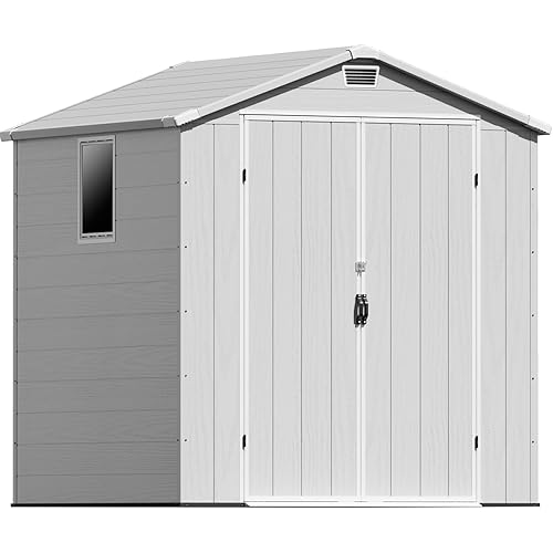 Patiowell 6 x 6 FT Outdoor Storage Shed with Lockable Door & Floor - Resin Garden Tool Shed with Window, Waterproof Easy Assembly for Backyard, Lawn Equipment, Patio Furniture Storage (Light Grey)