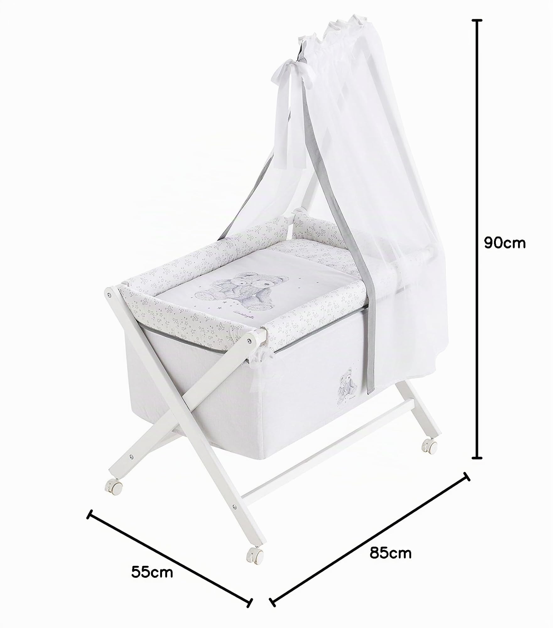 Mini-Berceau complet (Bois+ Textil+Ciel de Lit) 100% Cotton Brodé CARINA LULU