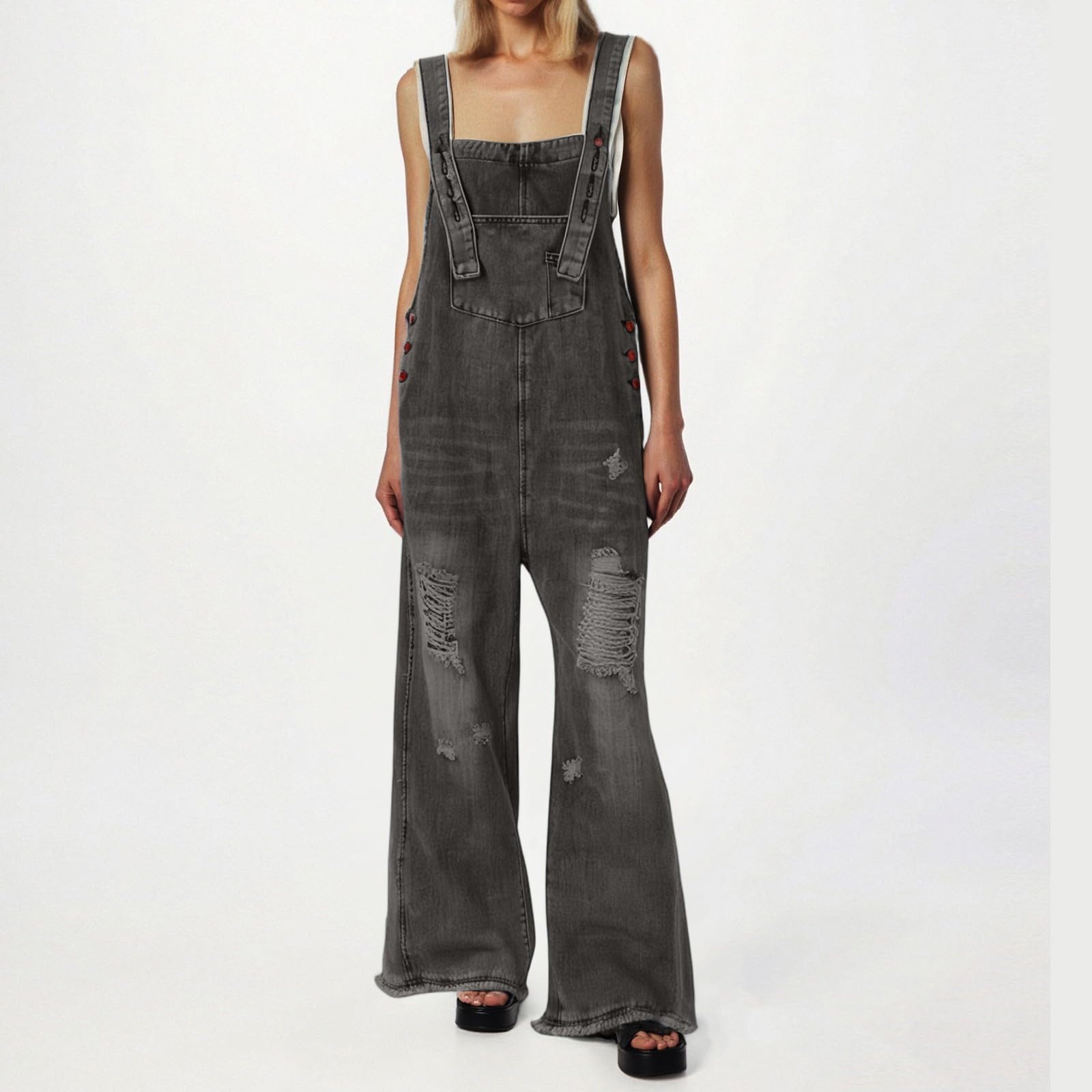 Jean Jumpsuit for Women Ripped Baggy Adjustable Bib Wide Leg Overalls Loose Fit Frayed Jeans Denim Pants Rompers with Pockets Distressed Denim Overalls Straight Leg Jeans Spaghetti Strap Jumpsuits