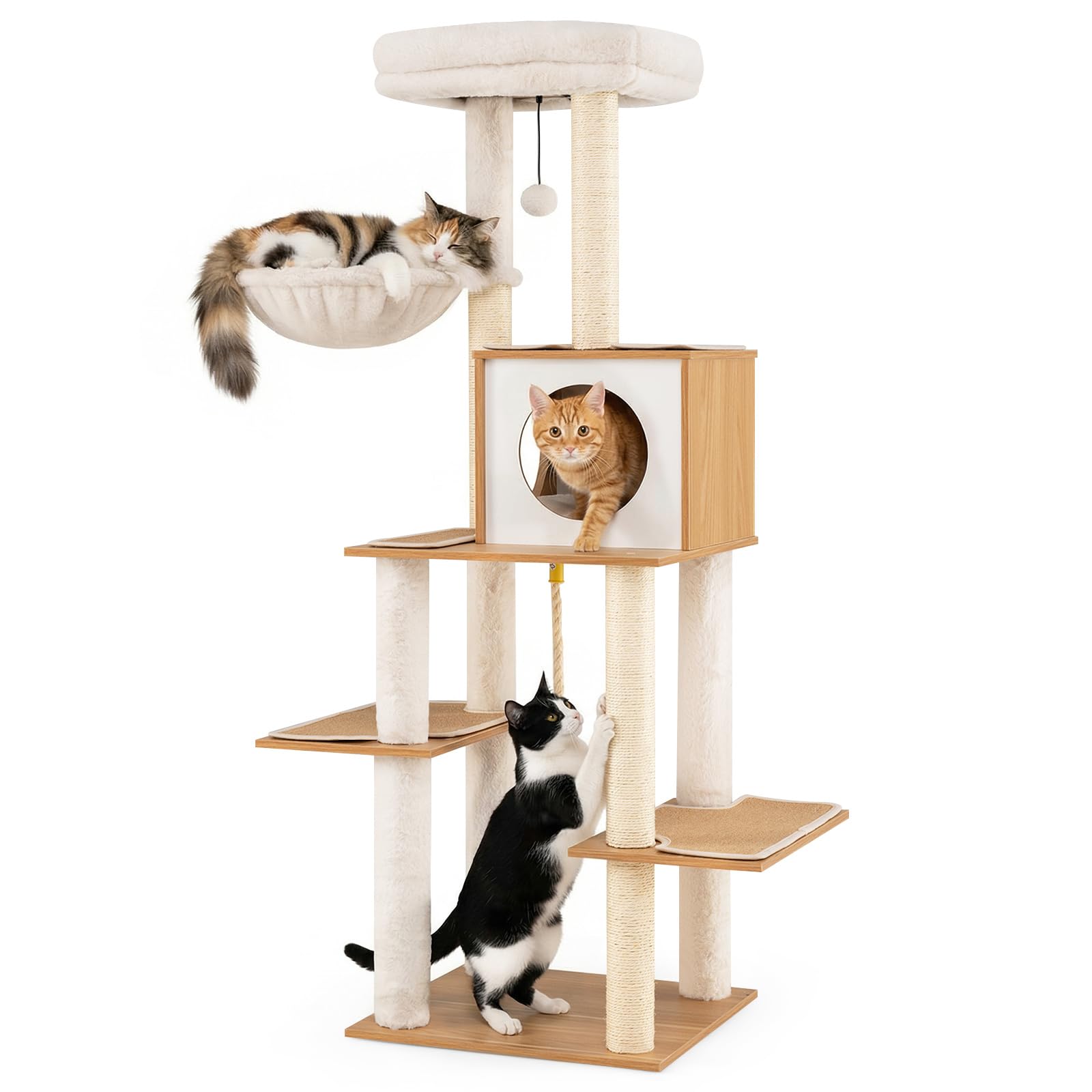 COSTWAY Albero per Gatti Moderno Alto 148 cm, Tiragraffi per Gatti con Tiragraffi in Sisal, Condo, Ampio Trespolo, Cesto, Giocattolo, Moquette e Cuscini Lavabili, Grande Torre da Arrampicata in Legno