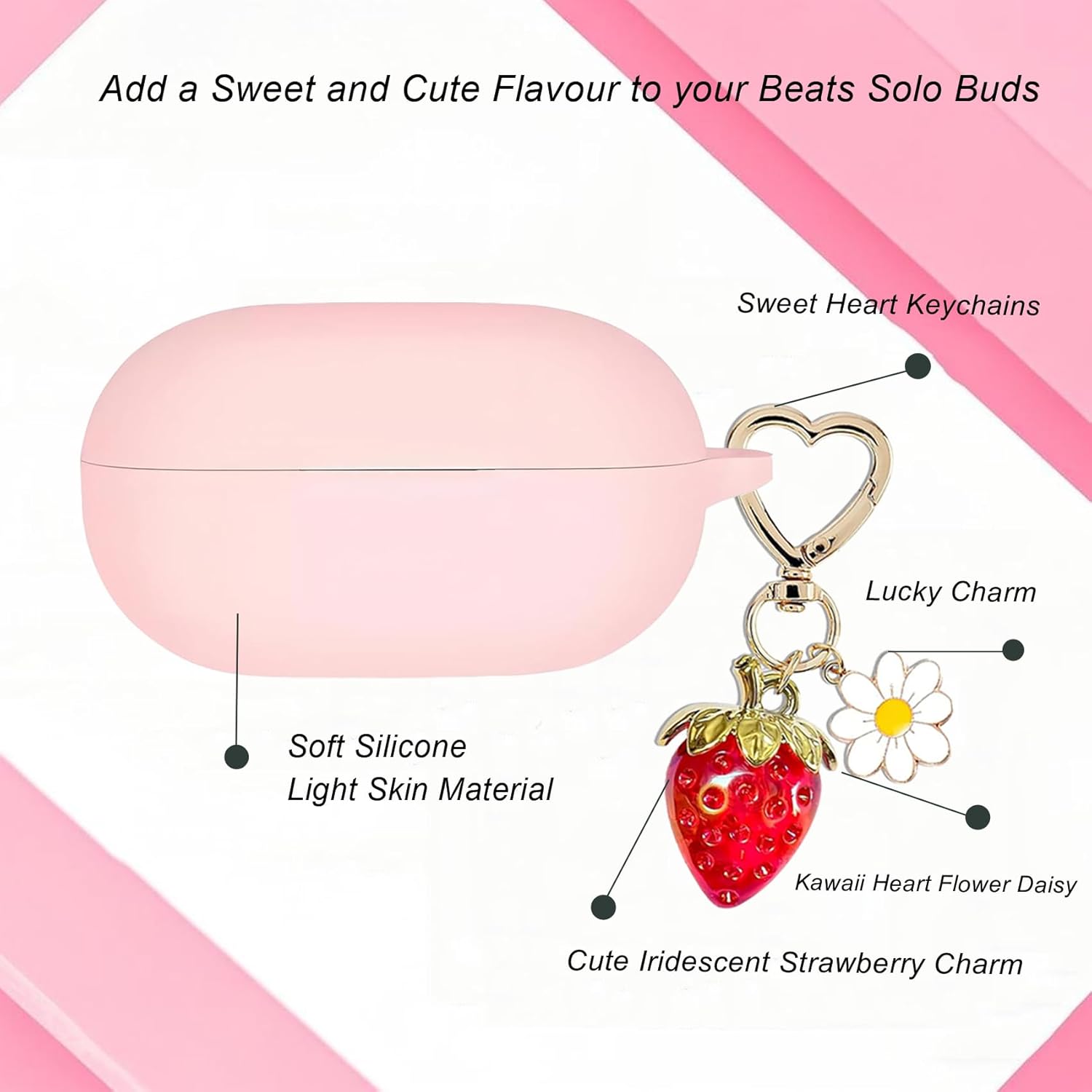 for Beats Solo Buds Case Cover with Cute Strawberry Charm Heart Keychain, Soft Silicone Protective Case Daisy Key Chains for New Beats Solo Charging Case Earbuds for Women Men Pink - Image 4