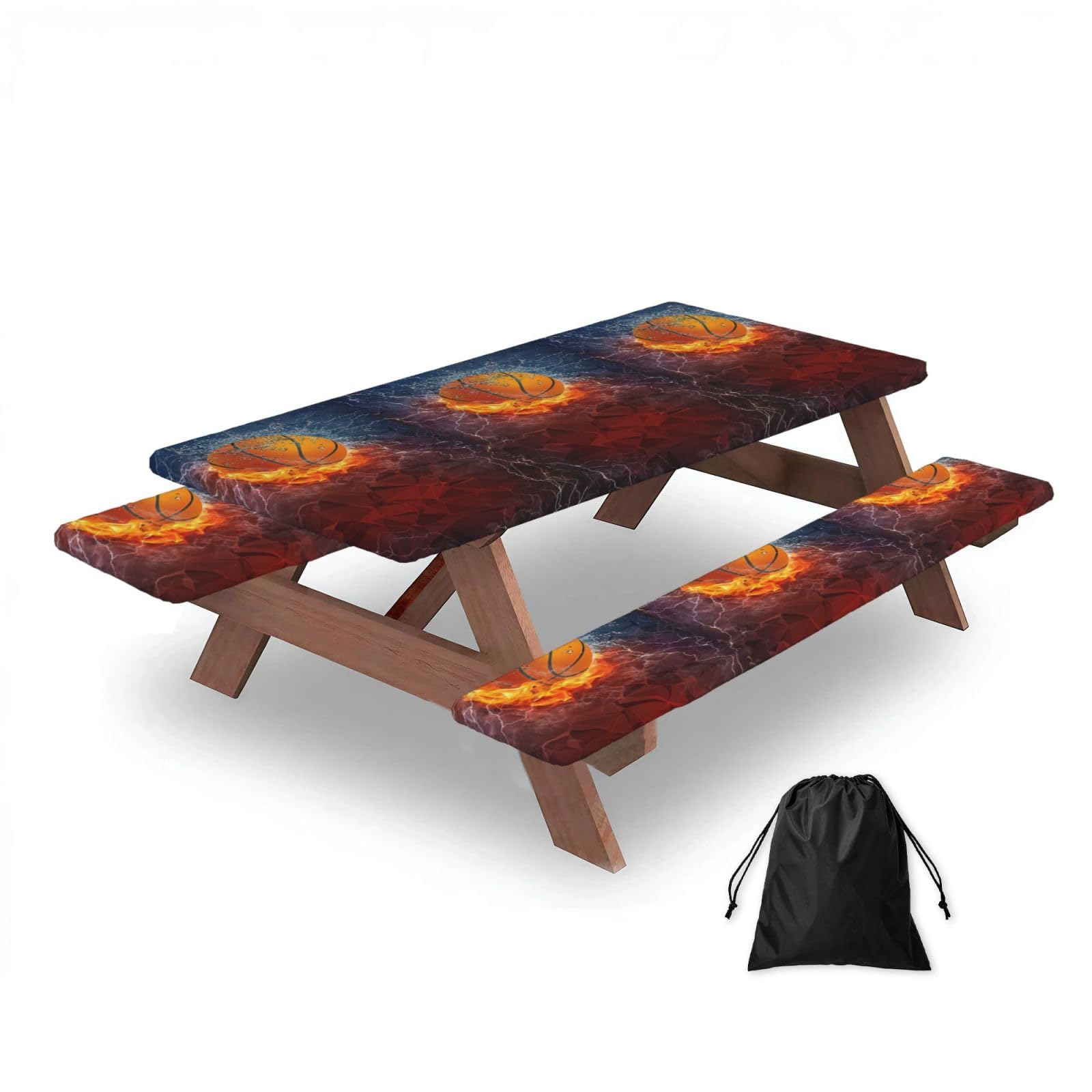 Dopklna As Picture Basketball Flames And Waterdrops, Picnic Table Cover With Bench Covers -Waterproof Elastic Fitted Tablecloth For Garden Camping Patio 76X152cm