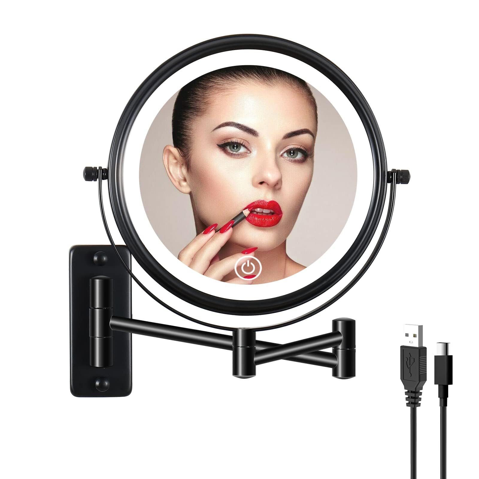 yinjupu Espejo de maquillaje iluminado montado en la pared, espejo de magnificación 1X/5X con iluminación de 8 pulgadas, espejo cosmético extensible, brazo extensible 360°, botón táctil, negro