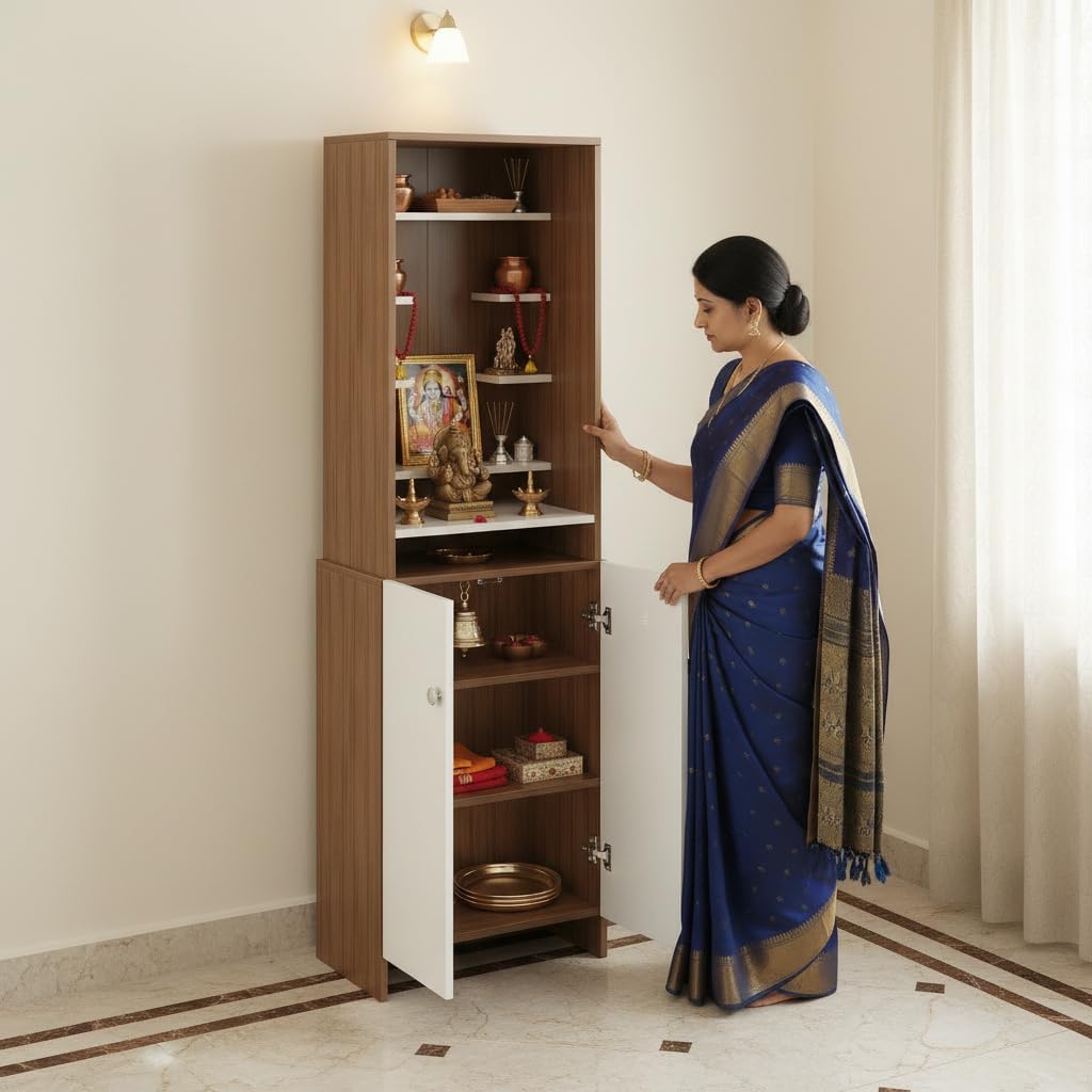 FURNEASER Shrisha Wooden Pooja Mandir for Home with Spacious Storage | Engineered Wood Floor-Standing Temple with Decorative Shelves | Exotic Teak & White Finish, 161x50x28 cm Prayer Unit