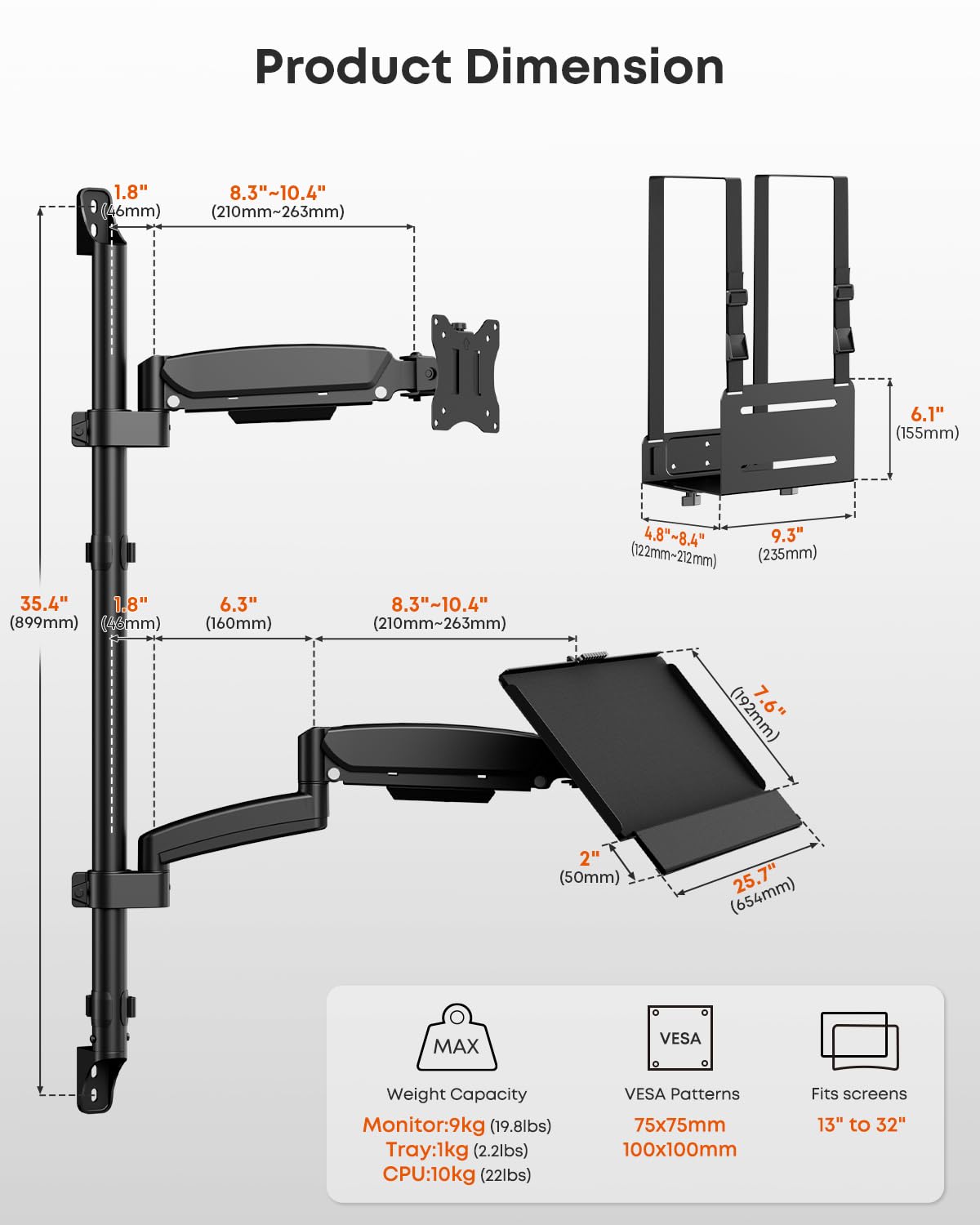Monitor Wandhalterung mit Tastatur Ablage und PC-Halterung, 3-in-1 Wandhalterung Workstation Höhenverstellbar & Voll Beweglich Arme für 17-32 Zoll Bildschirme, VESA 75x75/100x100, Schwarz