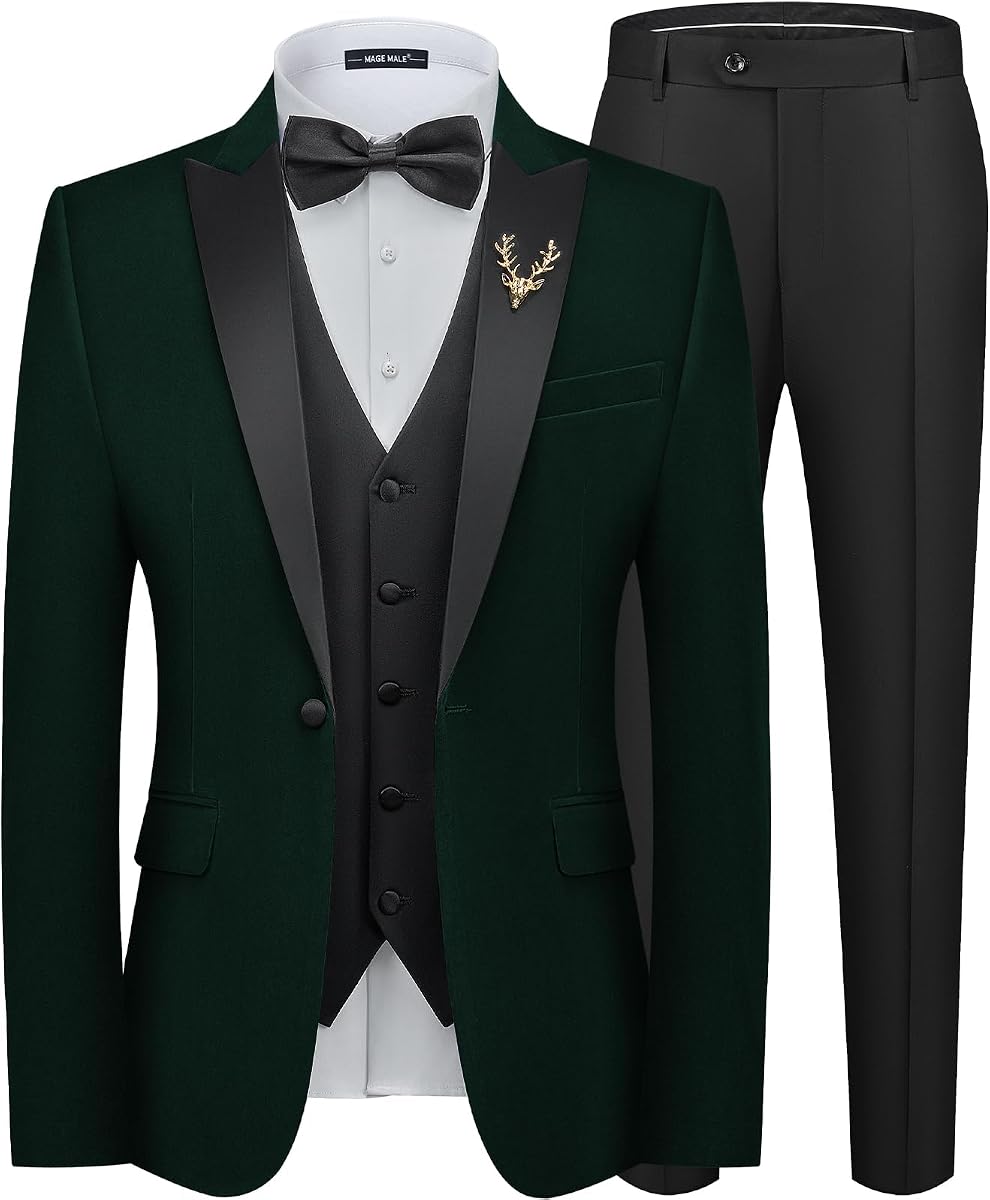 MAGE MALE Mens Velvet Suits 3 Piece Slim Fit Peak Lapel Tuxedo Suit Set | One Button, Velvet Tuxedo Jacket, Satin Vest, Black Trousers for Wedding, Prom, Party, Banquet, Formal Wear with Brooch