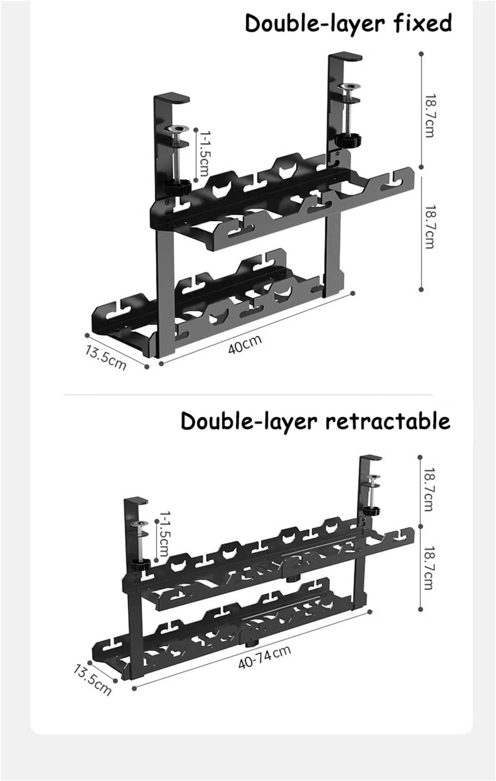 Vassoio Portacavi Scrivania Nessuna perforazione estensibile sotto la scrivania Gestione dei cavi Vassoio porta in ​​metallo con morsetto Portacavo retrattile for ciabatta(Double retractable)