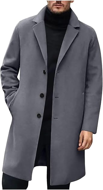 Mens Casual Trench Coat Winter Wool Blend Overcoat Mid-Long Single Breasted Pea Coat Lapel Notched Collar Jackets