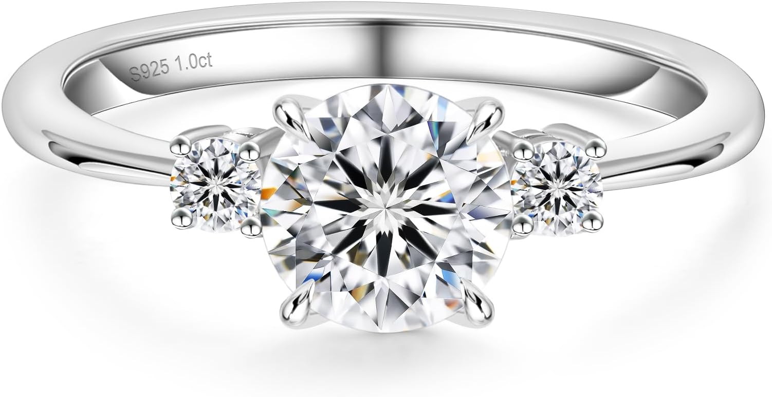 KRKC&CO Moissanite Rings for Women, 1.0 CT 3 Stones Lab Created Engagement Rings, D Color VVS1 Clarity, White Golden Plated S925 Sterling Silver, Promise