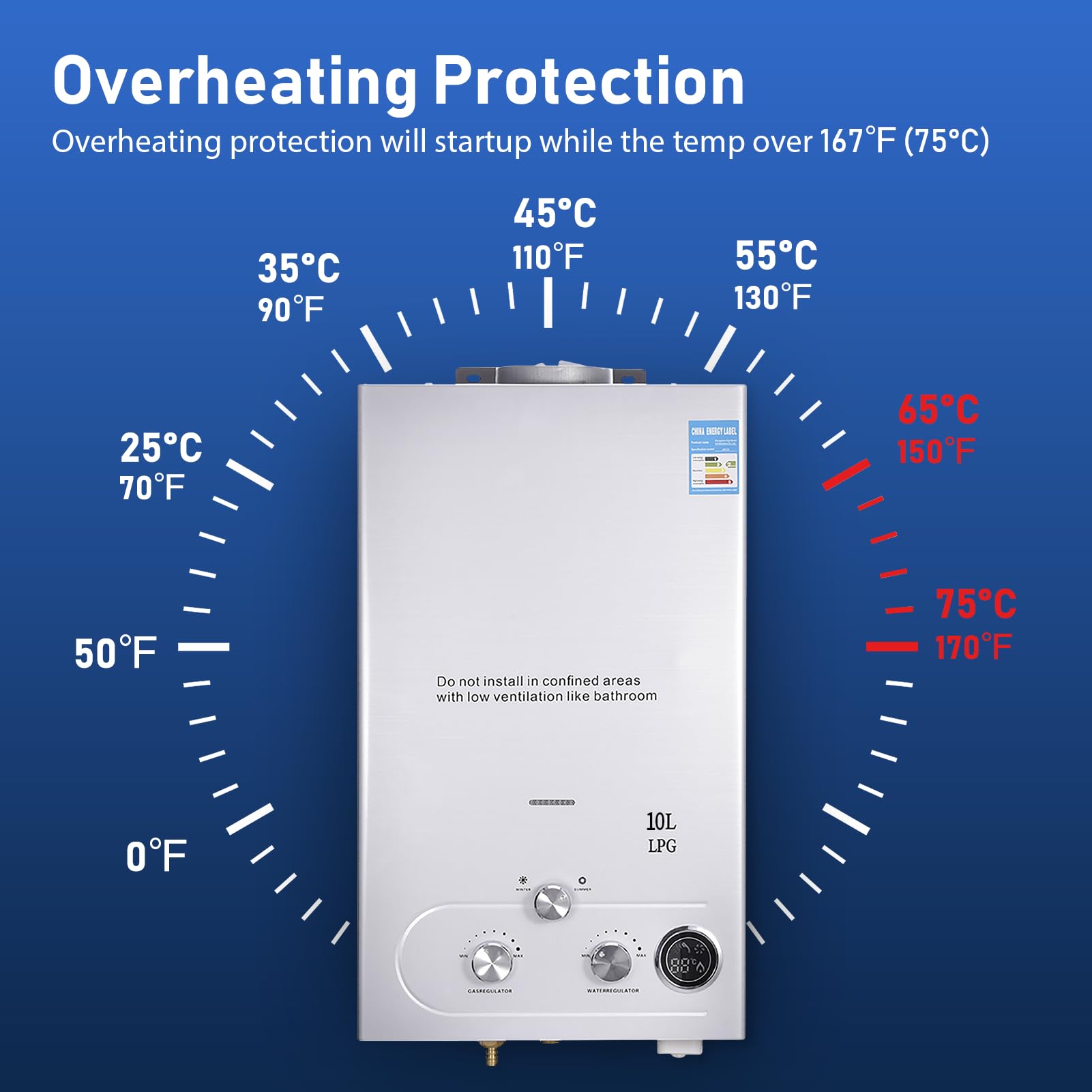 Durchlauferhitzer Gas 10L, 20KW LPG Gasdurchlauferhitzer Warmwasserbereiter Super Niedrigem 0,5bar Startwasserdruck, Tragbarer Gas Durchlauferhitzer, für Dusche im Außenbereich Dusche Bad Camping
