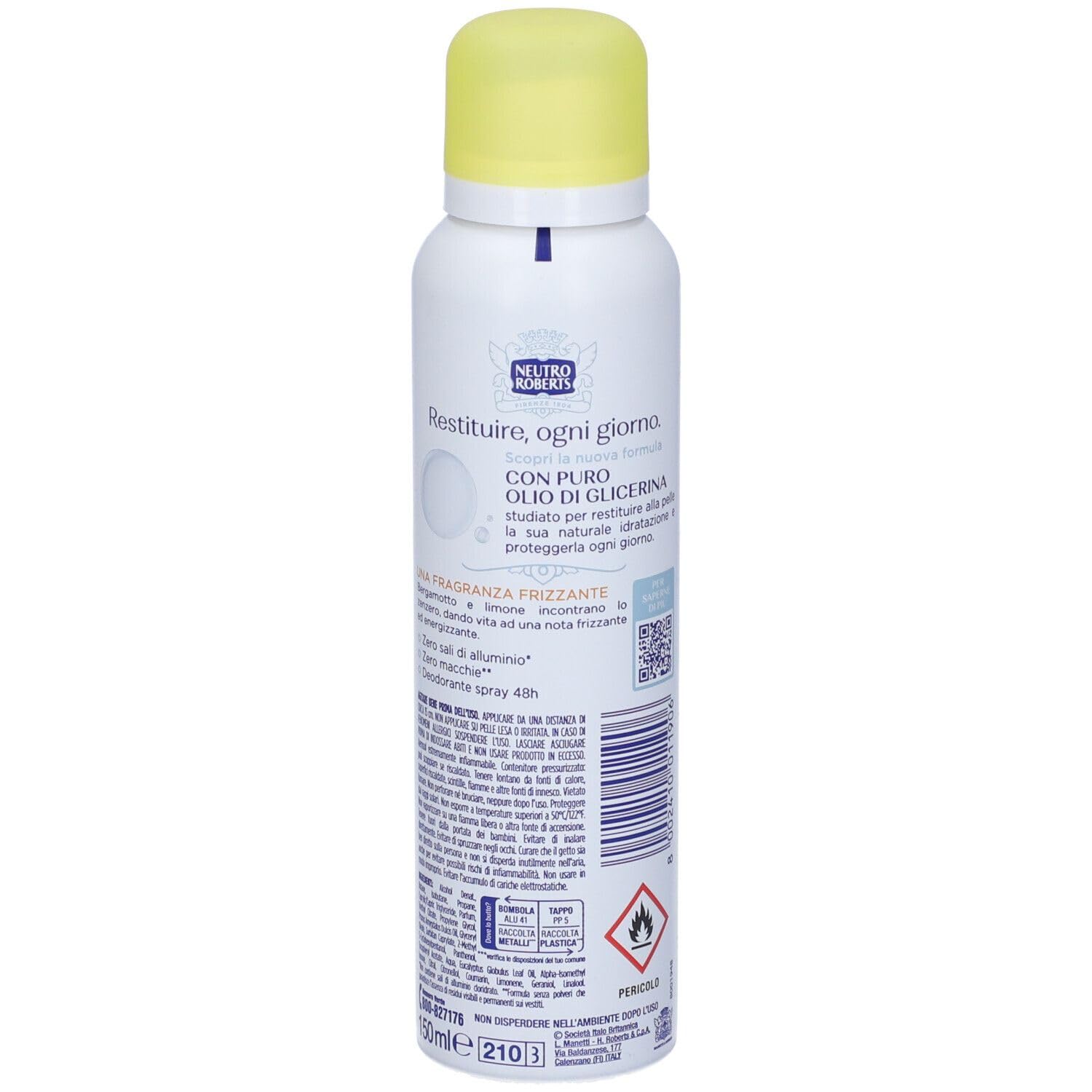 Neutro Roberts - 12 deodoranti spray Fresco, senza sali di alluminio, zero macchie, bergamotto e zenzero, protezione 48 ore, 150 ml, + portachiavi Italy Shop Service in omaggio